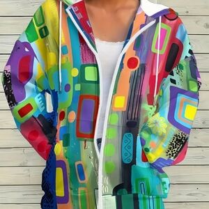 Abstract Multi-Color Zip-Up Hooded Jacket